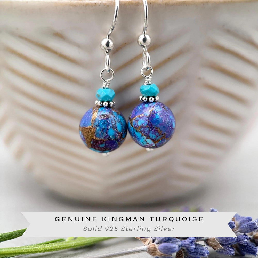Kingman Mohave Turquoise Earrings | Sterling Silver | Purple Dahlia Spiny Oyster Shell Jewelry - SunlightSilver