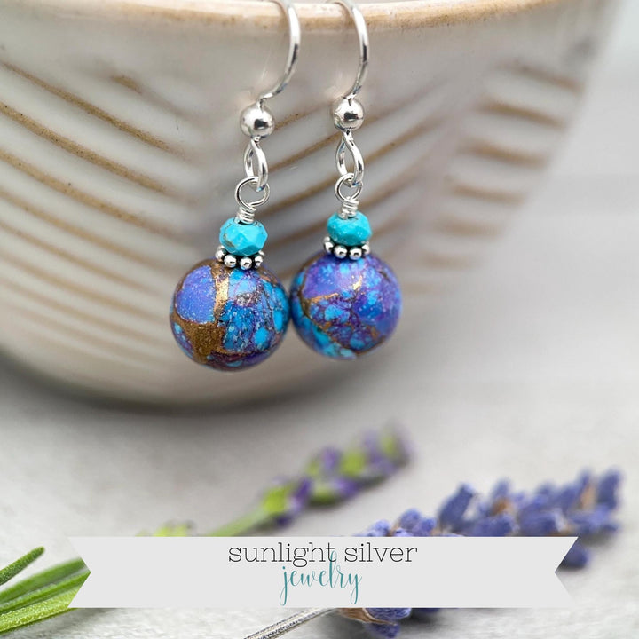 Kingman Mohave Turquoise Earrings | Sterling Silver | Purple Dahlia Spiny Oyster Shell Jewelry - SunlightSilver