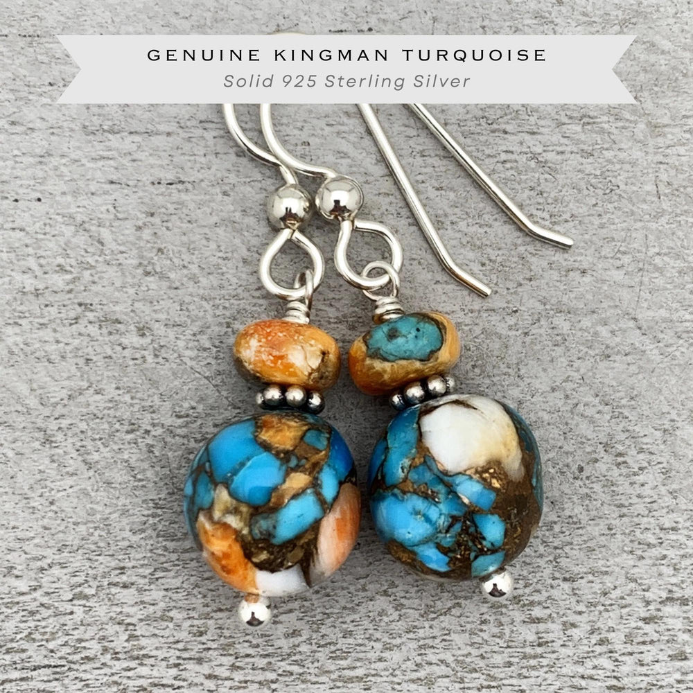 Spiny Oyster Shell, Kingman Turquoise and Sterling Silver Earrings - SunlightSilver