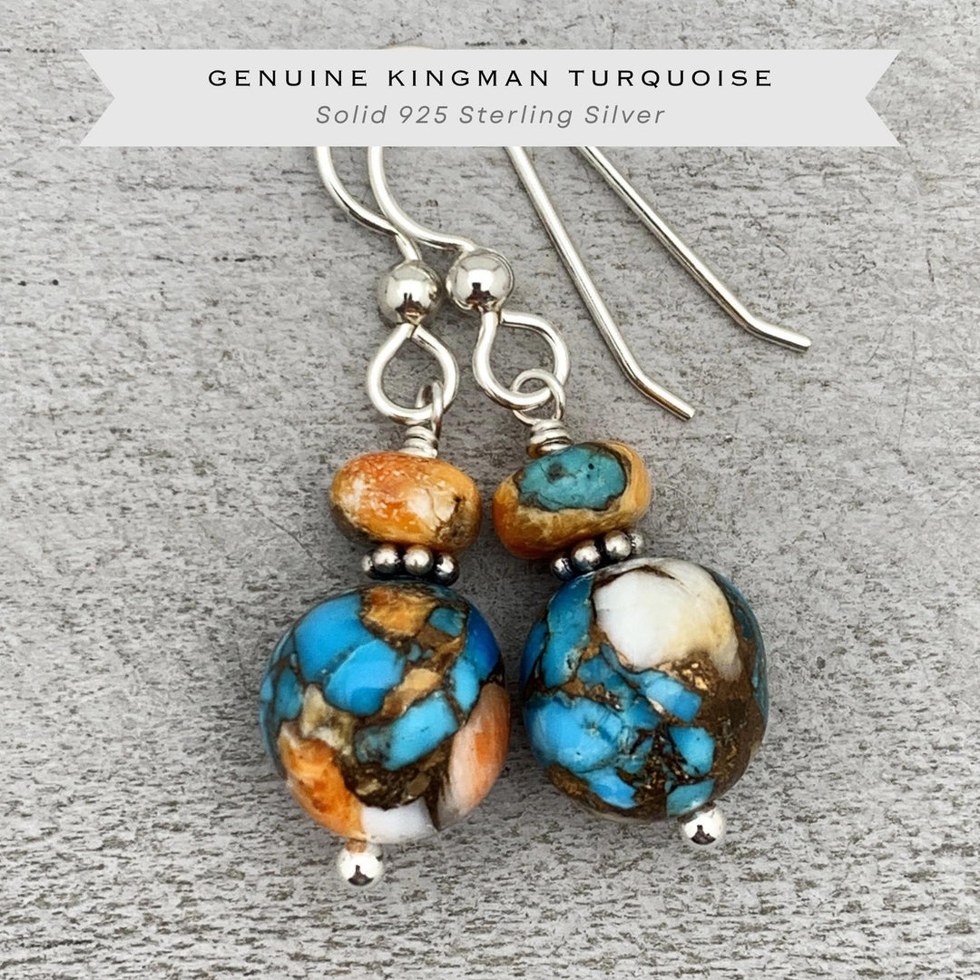 Spiny Oyster Shell, Kingman Turquoise and Sterling Silver Earrings - SunlightSilver