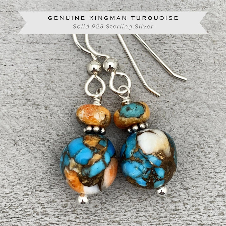 Spiny Oyster Shell, Kingman Turquoise and Sterling Silver Earrings - SunlightSilver