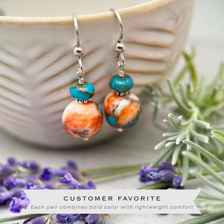 Spiny Oyster Shell, Kingman Turquoise and Sterling Silver Earrings - SunlightSilver