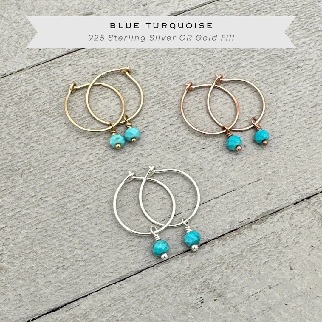 Blue Turquoise Earrings | Sterling Silver, Rose or Gold Hoops | Minimalist Huggies, December Birthstone - SunlightSilver
