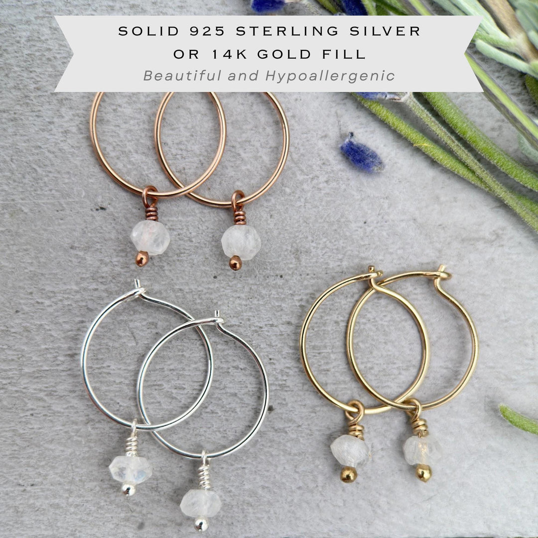 Moonstone Earrings - Minimalist Huggies Charm Hoops - Sterling Silver, Gold or Rose Gold - SunlightSilver