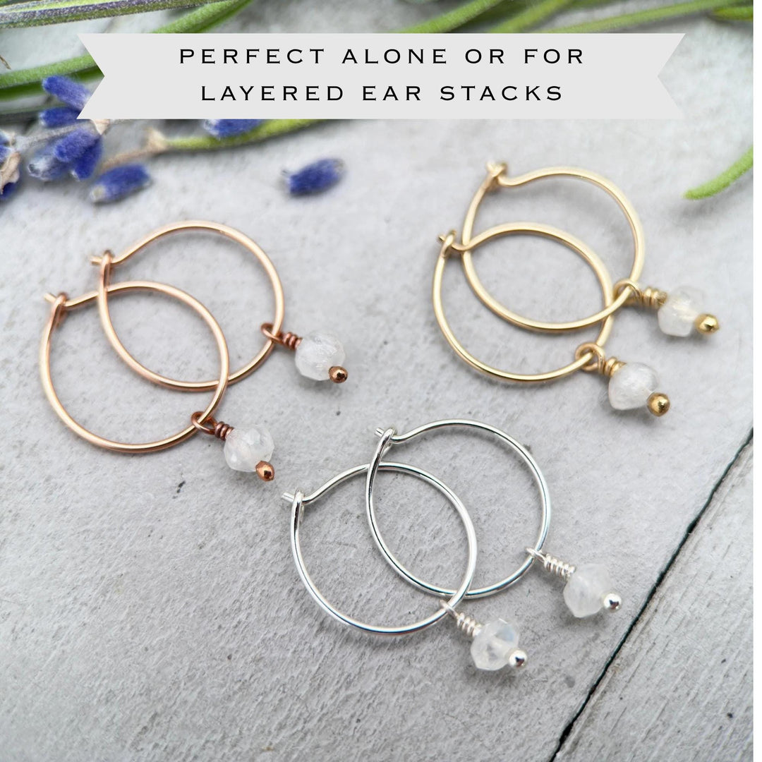 Moonstone Earrings - Minimalist Huggies Charm Hoops - Sterling Silver, Gold or Rose Gold - SunlightSilver