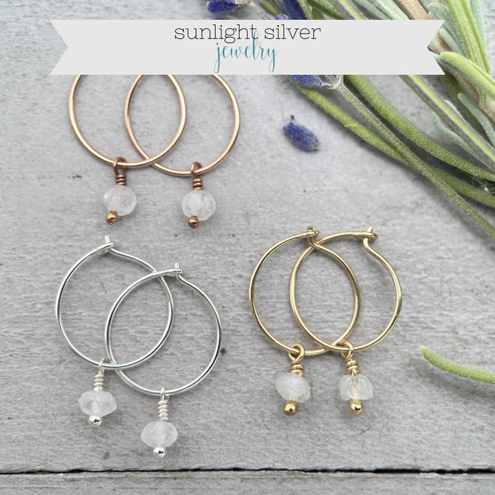 Moonstone Earrings - Minimalist Huggies Charm Hoops - Sterling Silver, Gold or Rose Gold - SunlightSilver