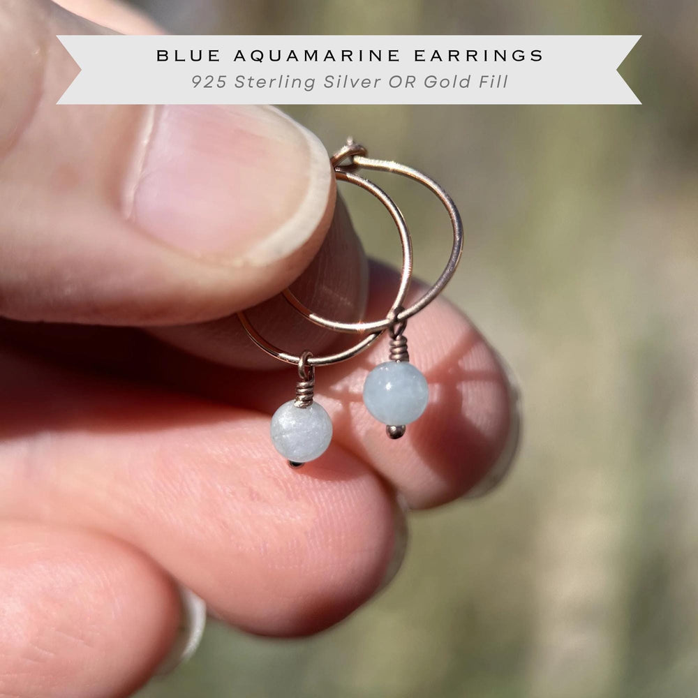 Blue Aquamarine Hoop Earrings | Sterling Silver, Yellow or Rose Gold | March Birthstone - SunlightSilver