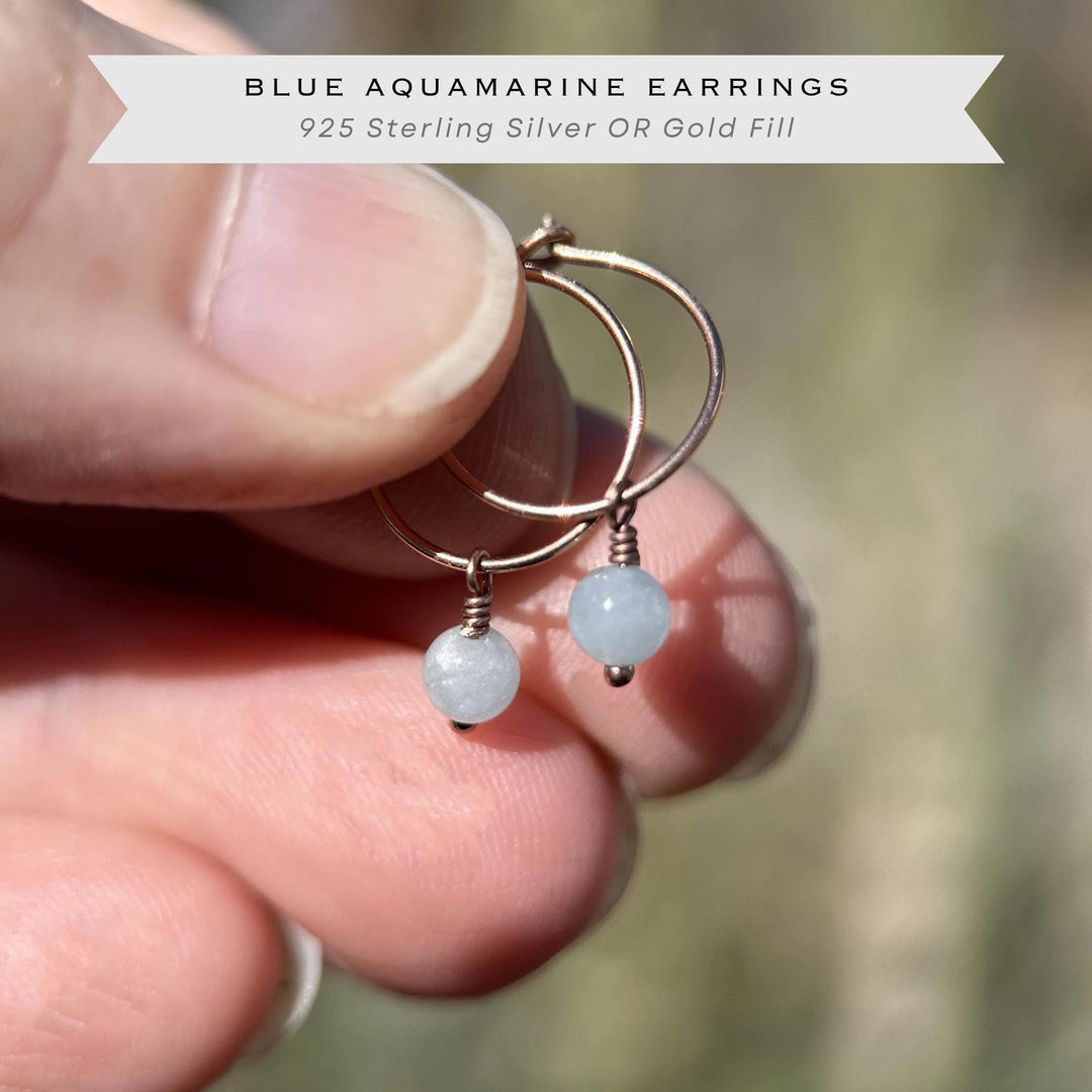 Blue Aquamarine Hoop Earrings | Sterling Silver, Yellow or Rose Gold | March Birthstone - SunlightSilver