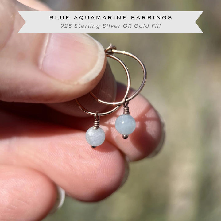 Blue Aquamarine Hoop Earrings | Sterling Silver, Yellow or Rose Gold | March Birthstone - SunlightSilver