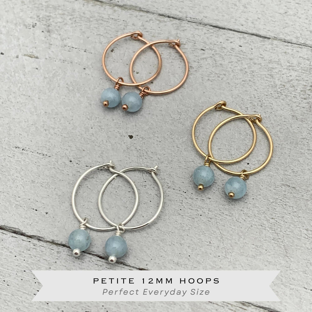 Blue Aquamarine Hoop Earrings | Sterling Silver, Yellow or Rose Gold | March Birthstone - SunlightSilver