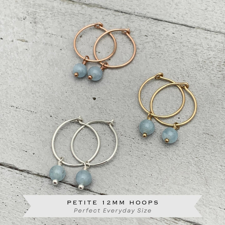 Blue Aquamarine Hoop Earrings | Sterling Silver, Yellow or Rose Gold | March Birthstone - SunlightSilver