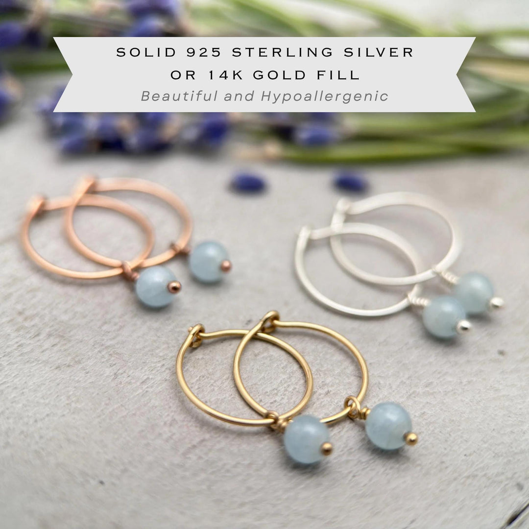 Blue Aquamarine Hoop Earrings | Sterling Silver, Yellow or Rose Gold | March Birthstone - SunlightSilver