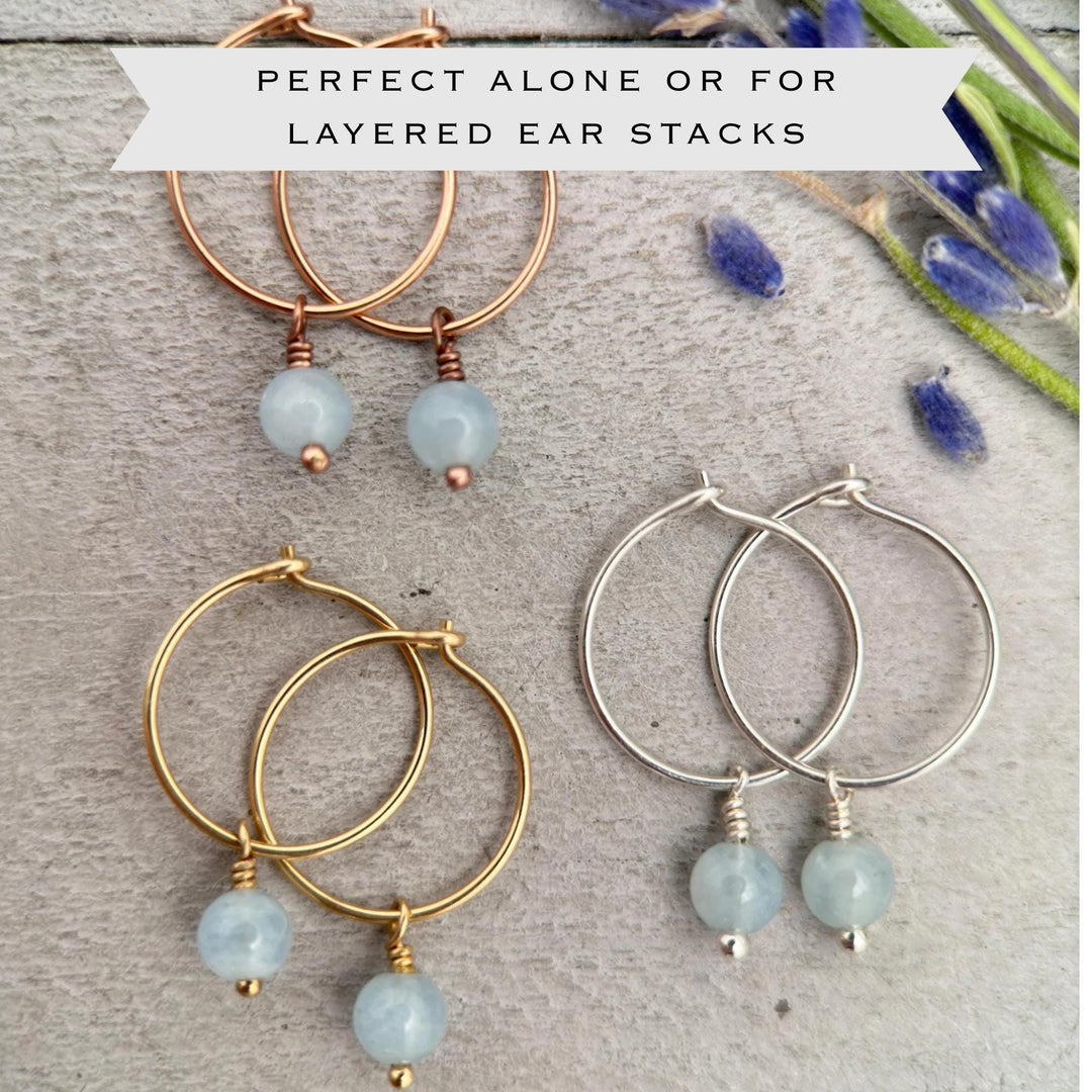 Blue Aquamarine Hoop Earrings | Sterling Silver, Yellow or Rose Gold | March Birthstone - SunlightSilver