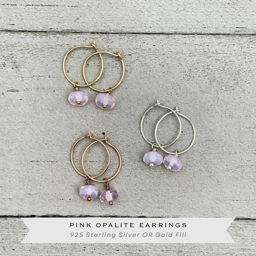 Pink Opalite Earrings - Sterling Silver, 14k Yellow or Rose Gold - Dainty Minimalist Hoops - SunlightSilver
