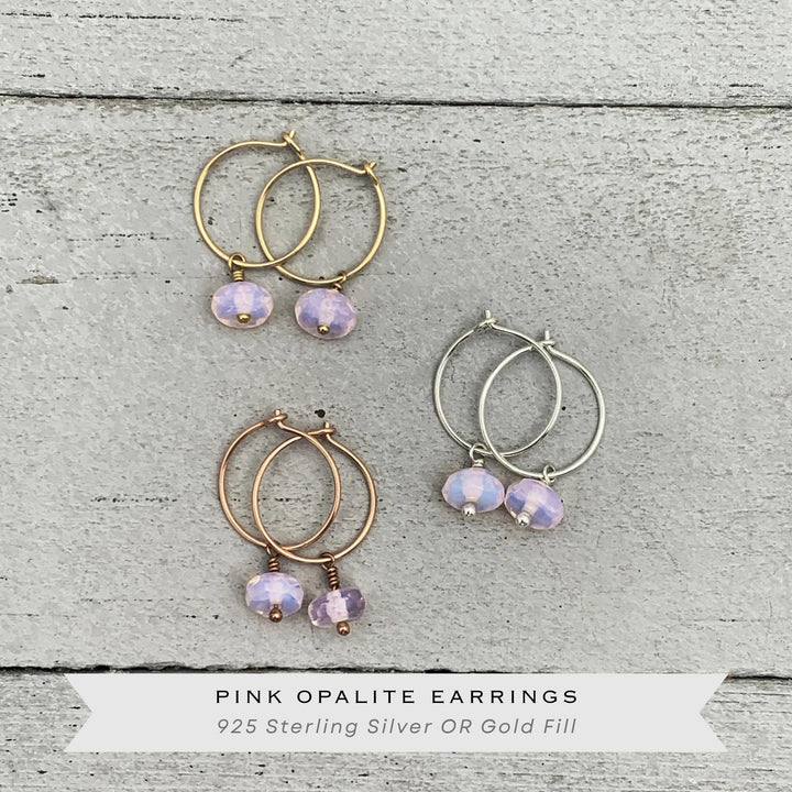Pink Opalite Earrings - Sterling Silver, 14k Yellow or Rose Gold - Dainty Minimalist Hoops - SunlightSilver