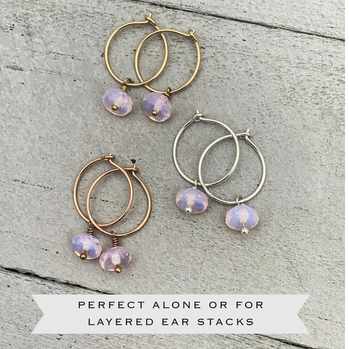 Pink Opalite Earrings - Sterling Silver, 14k Yellow or Rose Gold - Dainty Minimalist Hoops - SunlightSilver
