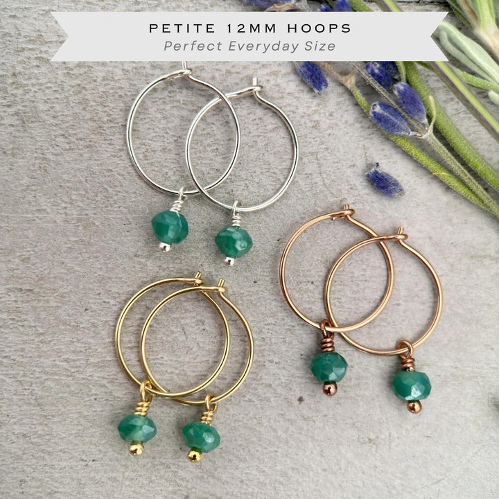 Green Onyx Hoop Earrings | May Birthstone Gemstone Charms - Sterling Silver, Rose, Gold - SunlightSilver