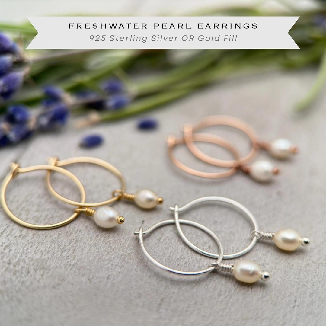 Pearl Charm Hoop Earrings | Sterling Silver, Yellow or Rose Gold-Fill | June Birthstone - SunlightSilver