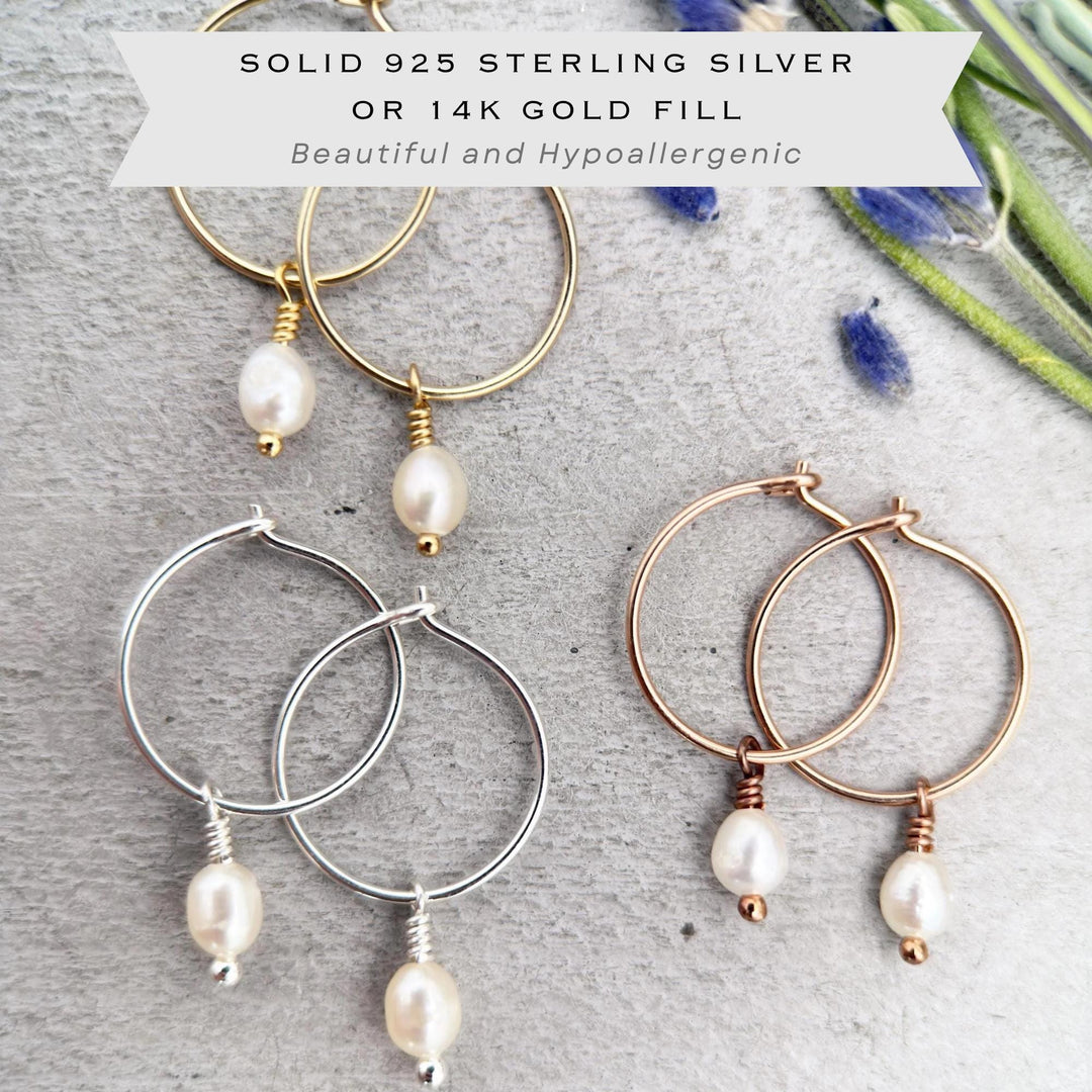 Pearl Charm Hoop Earrings | Sterling Silver, Yellow or Rose Gold-Fill | June Birthstone - SunlightSilver