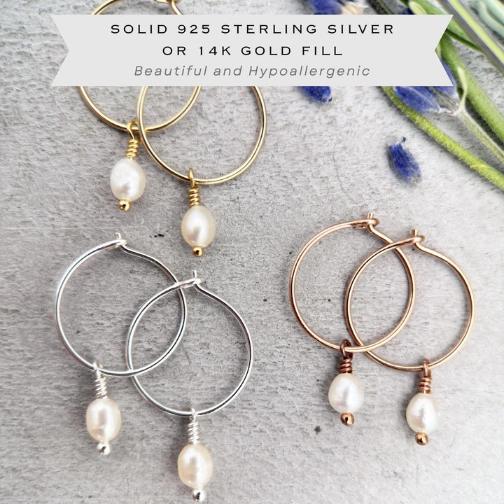 Pearl Charm Hoop Earrings | Sterling Silver, Yellow or Rose Gold-Fill | June Birthstone - SunlightSilver