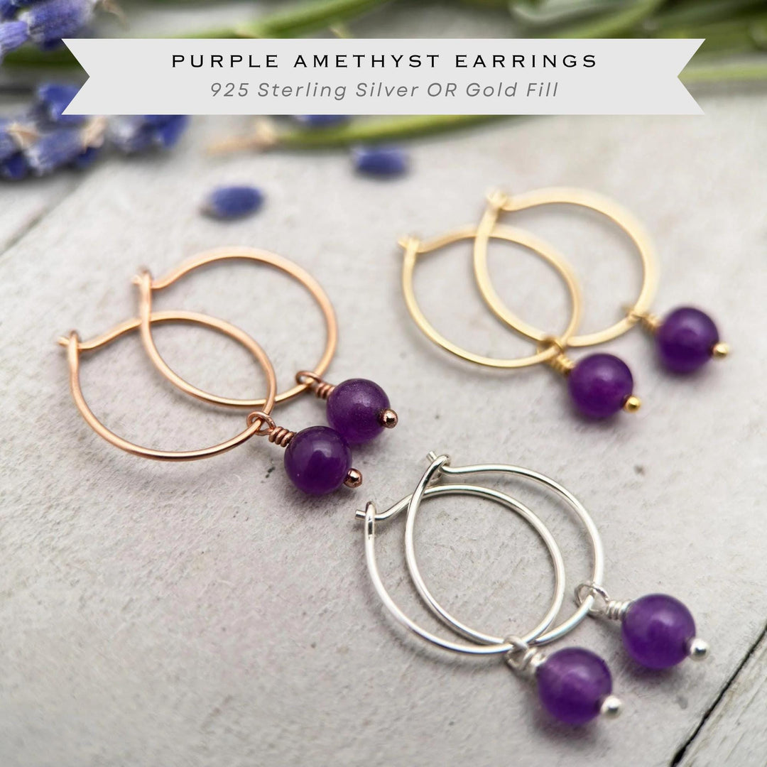 Purple Amethyst Earrings | Silver, Yellow or Rose Gold | Charm Hoops February Birthstone - SunlightSilver
