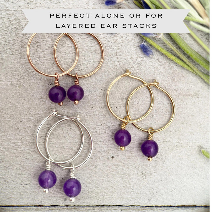 Purple Amethyst Earrings | Silver, Yellow or Rose Gold | Charm Hoops February Birthstone - SunlightSilver