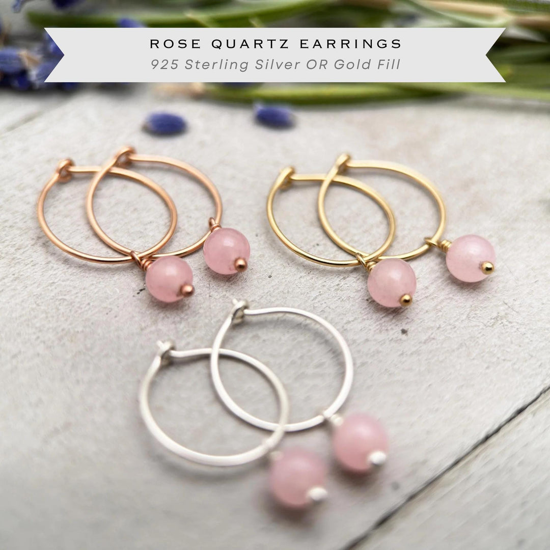 Rose Quartz Earrings | Sterling Silver, Gold Charm Hoops | Pink January Birthstone Jewelry - SunlightSilver