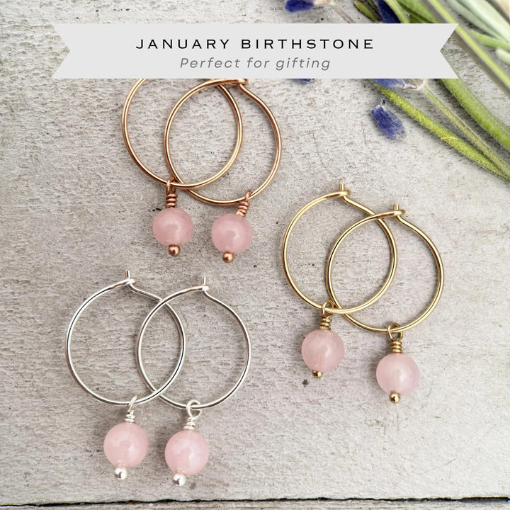 Rose Quartz Earrings | Sterling Silver, Gold Charm Hoops | Pink January Birthstone Jewelry - SunlightSilver