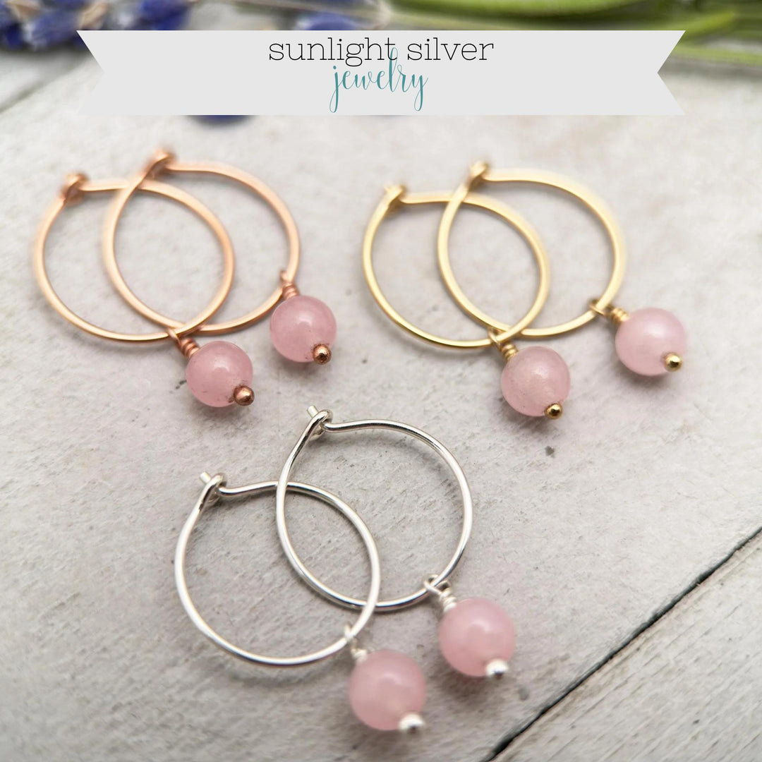 Rose Quartz Earrings | Sterling Silver, Gold Charm Hoops | Pink January Birthstone Jewelry - SunlightSilver