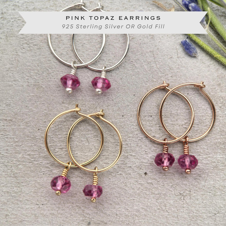 Pink Topaz Hoop Earrings - Silver, Rose or Yellow Gold - November Birthstone Jewelry - SunlightSilver