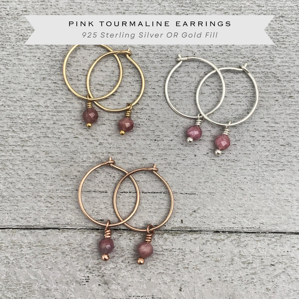 Pink Tourmaline Charm Earrings | Sterling Silver, Yellow/Rose Gold Fill Hoops | November Birthstone - SunlightSilver