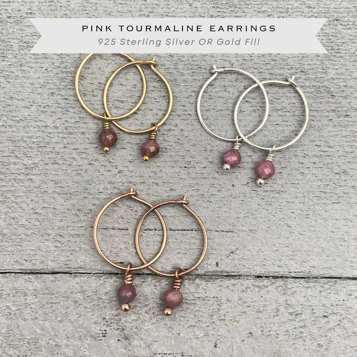 Pink Tourmaline Charm Earrings | Sterling Silver, Yellow/Rose Gold Fill Hoops | November Birthstone - SunlightSilver