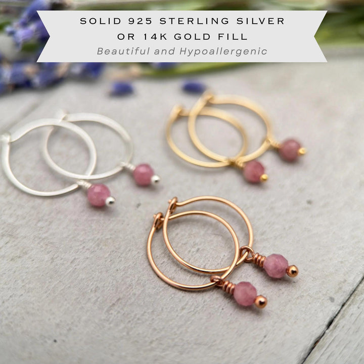 Pink Tourmaline Charm Earrings | Sterling Silver, Yellow/Rose Gold Fill Hoops | November Birthstone - SunlightSilver
