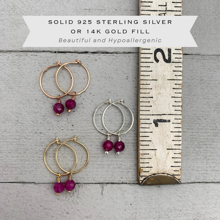 Ruby Hoop Earrings | Sterling Silver, Yellow or Rose Gold | July Birthstone Gift - SunlightSilver