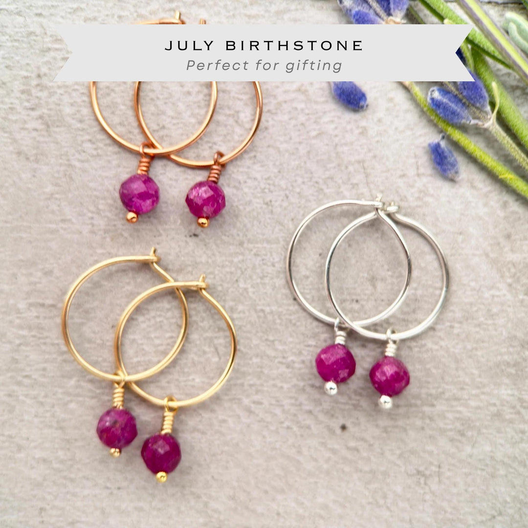 Ruby Hoop Earrings | Sterling Silver, Yellow or Rose Gold | July Birthstone Gift - SunlightSilver
