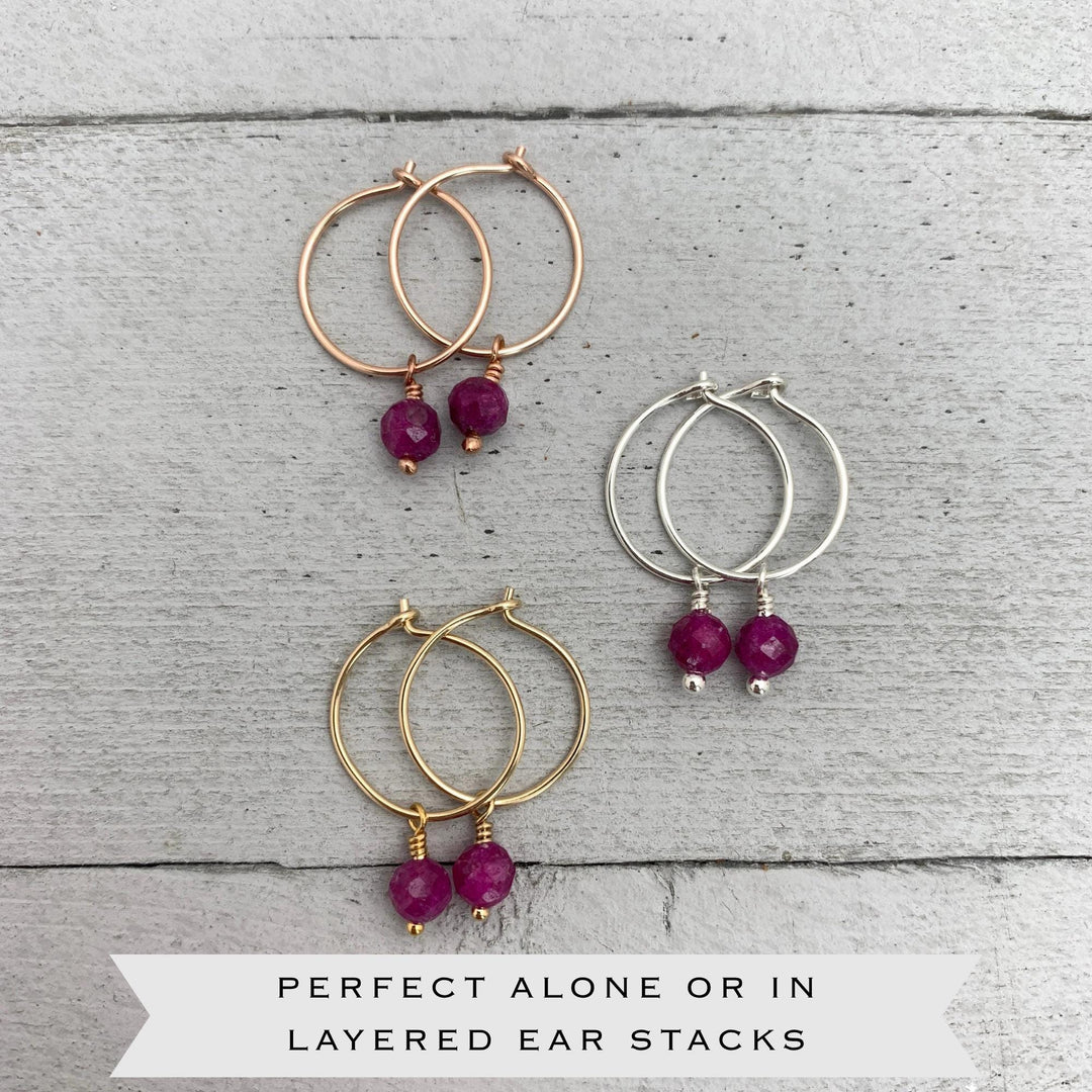 Ruby Hoop Earrings | Sterling Silver, Yellow or Rose Gold | July Birthstone Gift - SunlightSilver