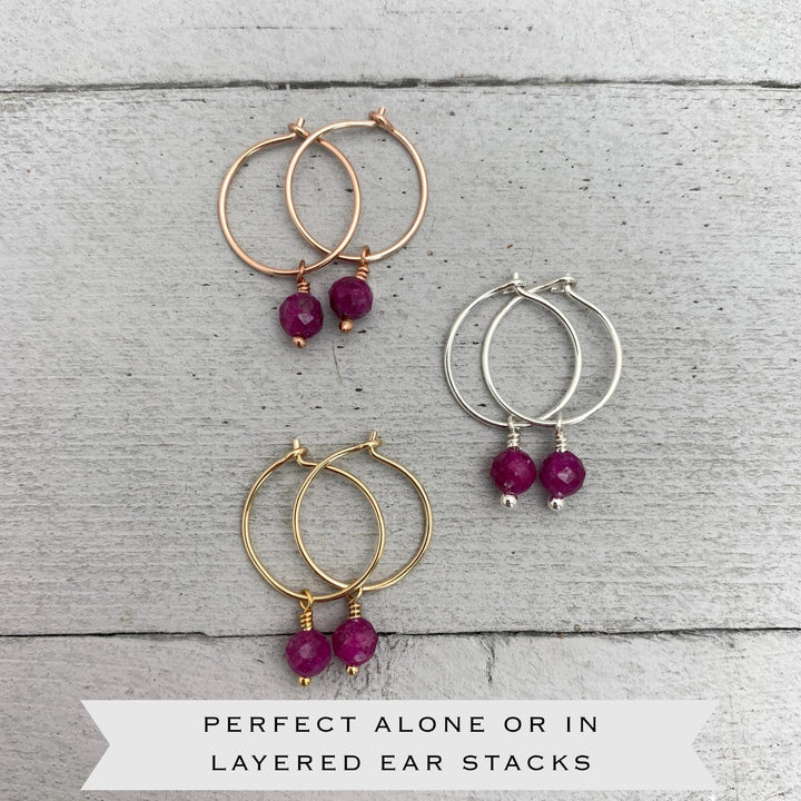 Ruby Hoop Earrings | Sterling Silver, Yellow or Rose Gold | July Birthstone Gift - SunlightSilver