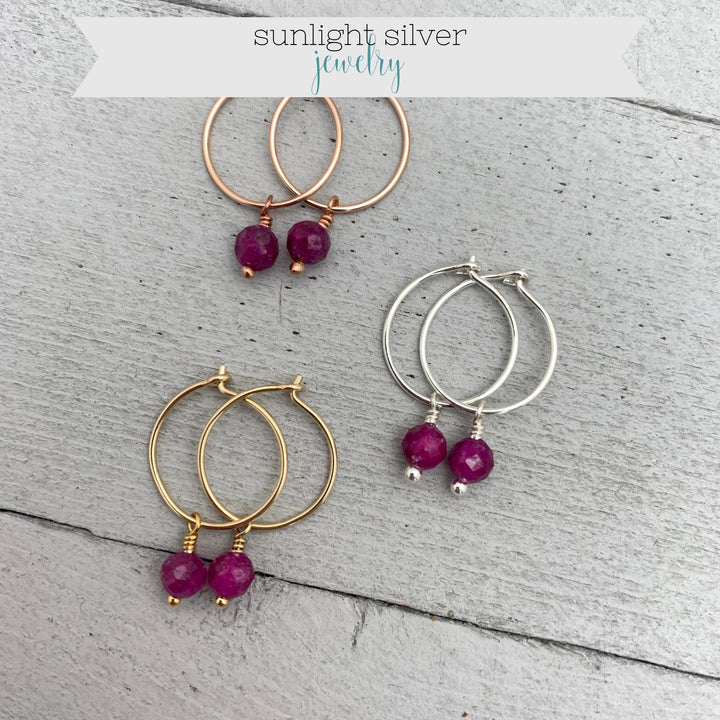 Ruby Hoop Earrings | Sterling Silver, Yellow or Rose Gold | July Birthstone Gift - SunlightSilver