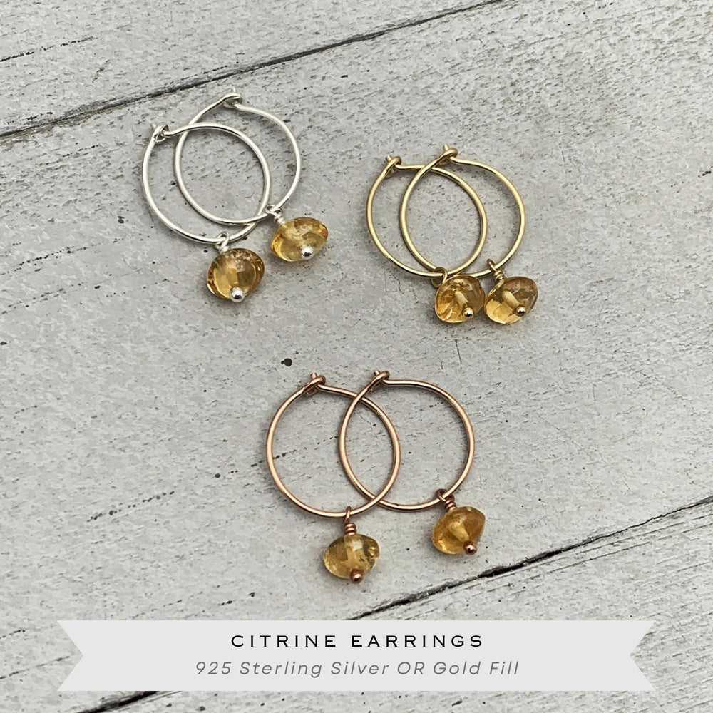 Citrine Charm Hoop Earrings | Sterling Silver, Yellow or Rose Gold-Fill | November Birthstone Jewelry - SunlightSilver