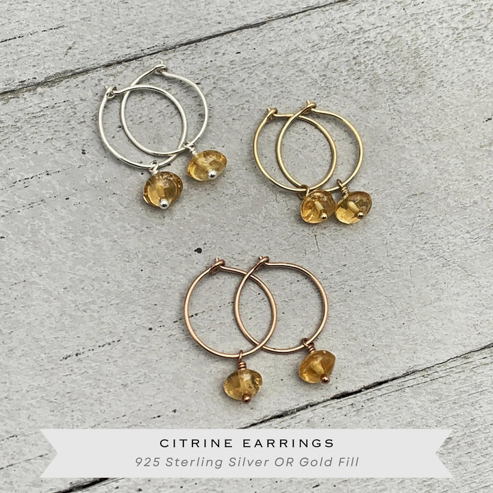 Citrine Charm Hoop Earrings | Sterling Silver, Yellow or Rose Gold-Fill | November Birthstone Jewelry - SunlightSilver