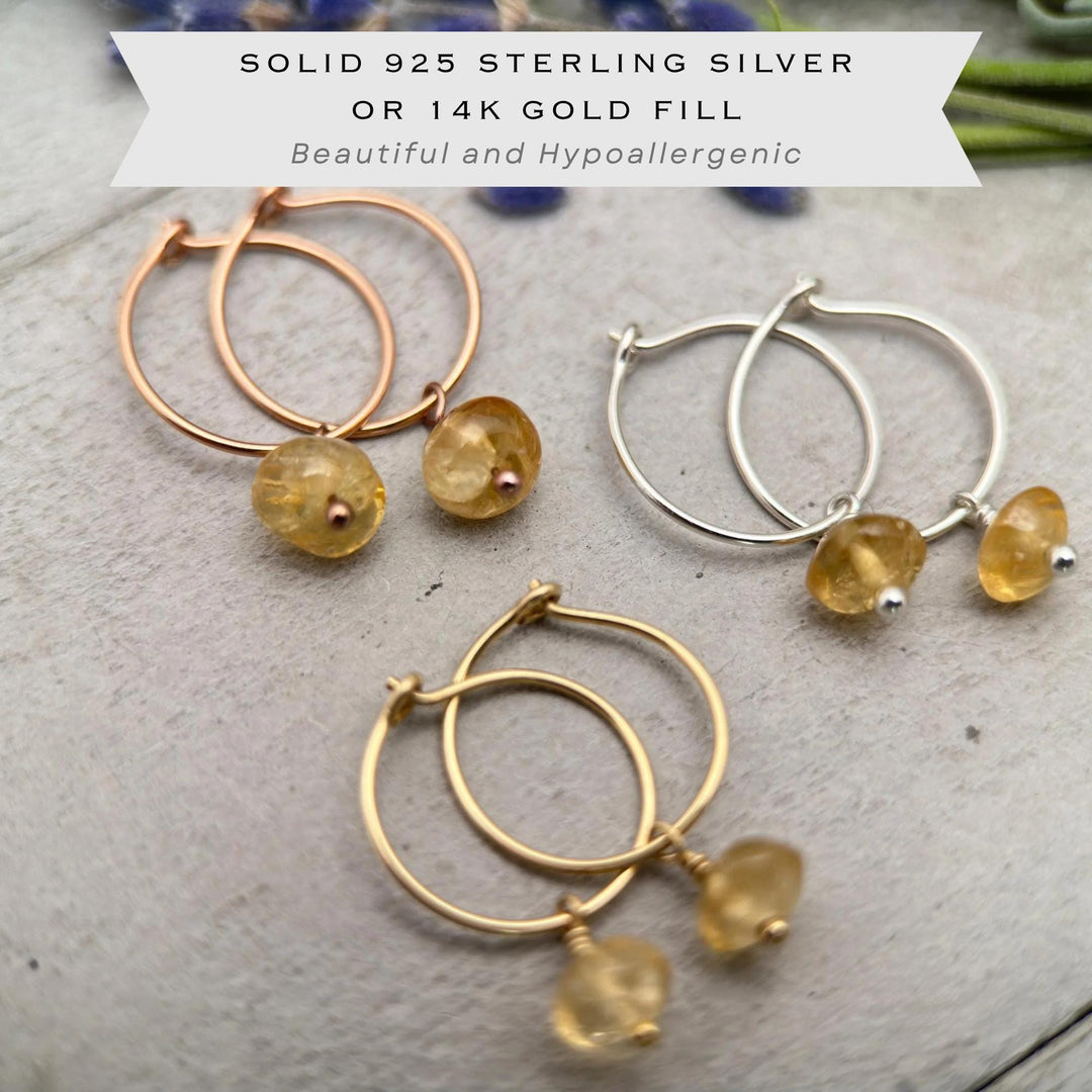 Citrine Charm Hoop Earrings | Sterling Silver, Yellow or Rose Gold-Fill | November Birthstone Jewelry - SunlightSilver