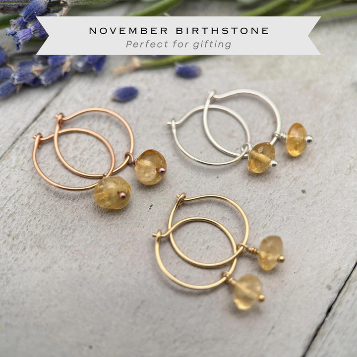 Citrine Charm Hoop Earrings | Sterling Silver, Yellow or Rose Gold-Fill | November Birthstone Jewelry - SunlightSilver