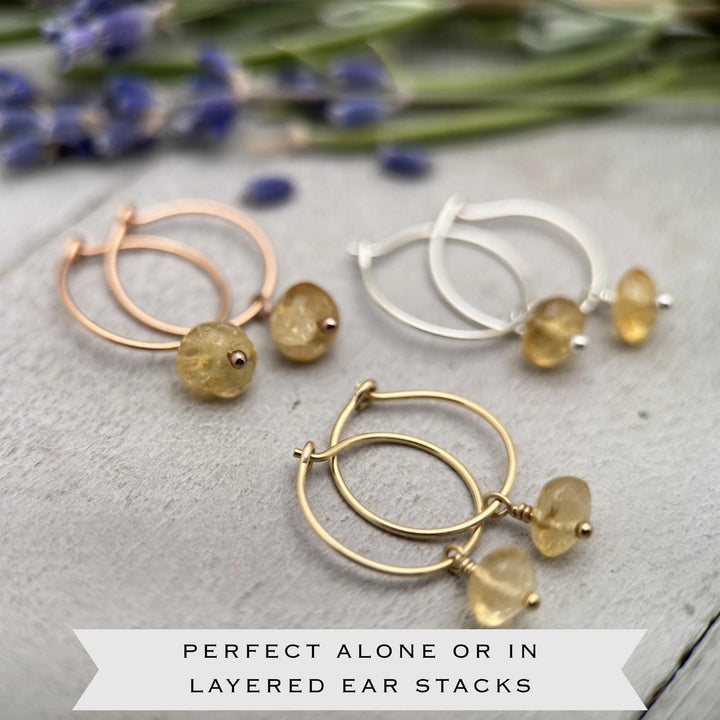 Citrine Charm Hoop Earrings | Sterling Silver, Yellow or Rose Gold-Fill | November Birthstone Jewelry - SunlightSilver
