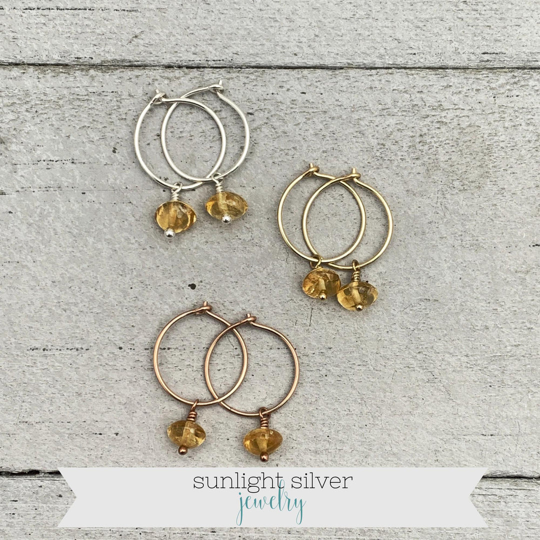 Citrine Charm Hoop Earrings | Sterling Silver, Yellow or Rose Gold-Fill | November Birthstone Jewelry - SunlightSilver