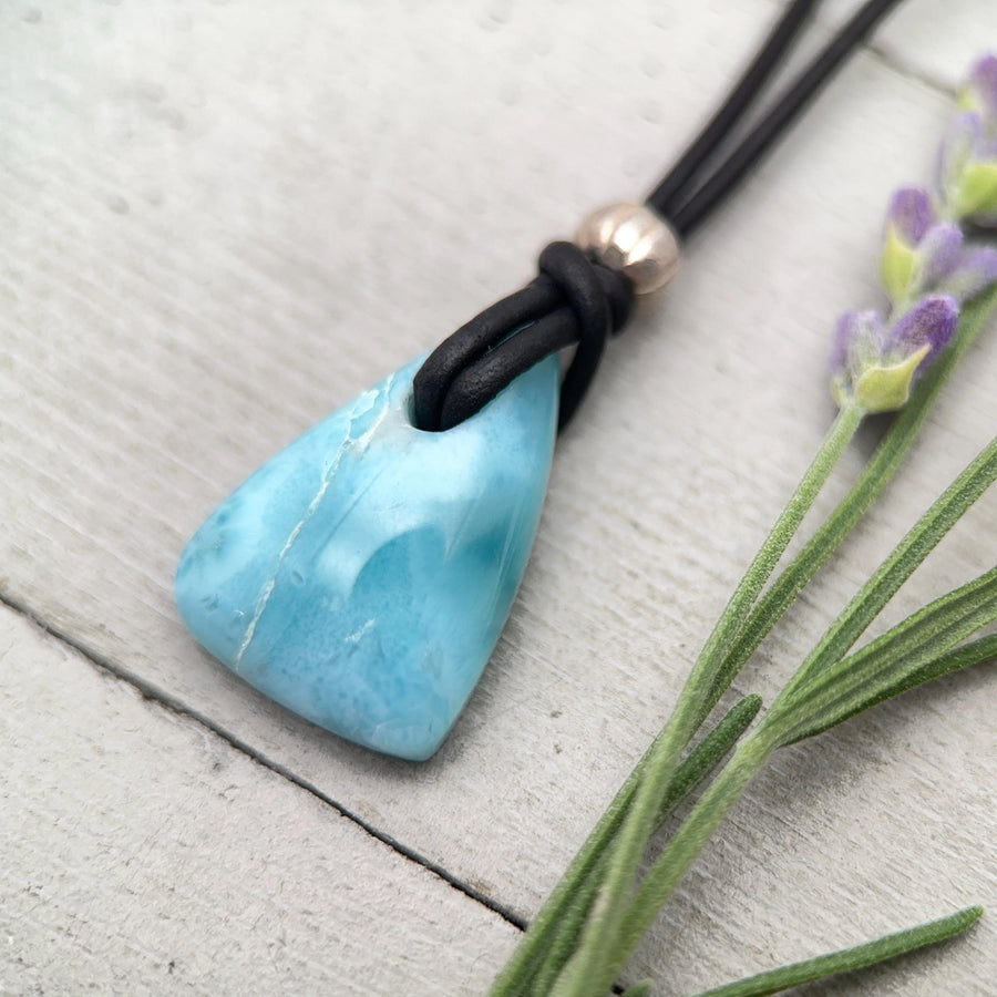 Larimar Crystal and Black Leather Pendant Necklace | Genuine Larimar & Sterling Silver Jewelry - SunlightSilver