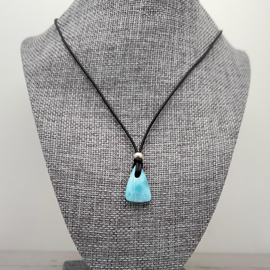 Larimar Crystal and Black Leather Pendant Necklace | Genuine Larimar & Sterling Silver Jewelry - SunlightSilver