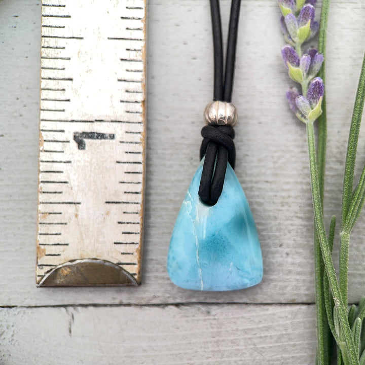 Larimar Crystal and Black Leather Pendant Necklace | Genuine Larimar & Sterling Silver Jewelry - SunlightSilver