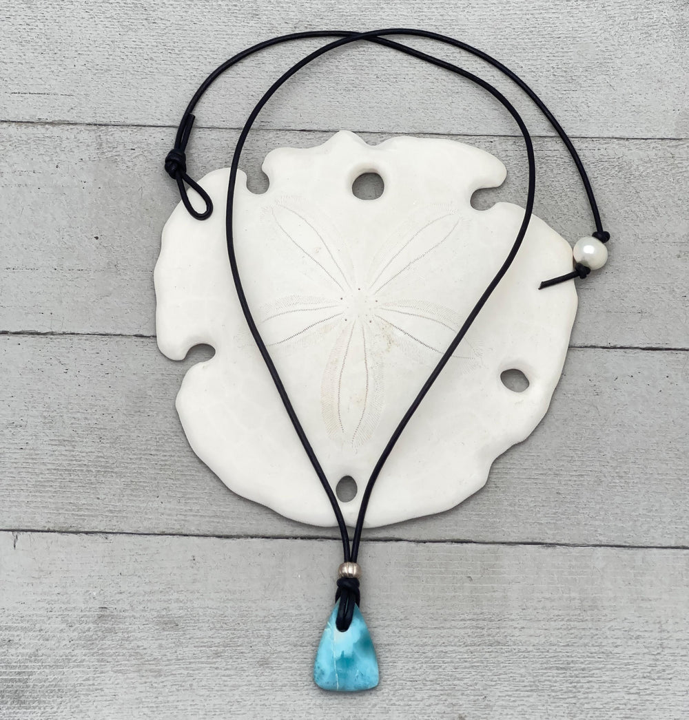 Larimar Crystal and Rustic Brown Leather Necklace - SunlightSilver