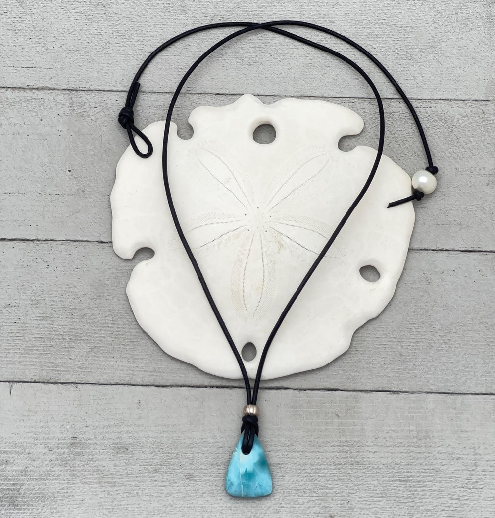 Larimar Crystal and Black Leather Pendant Necklace | Genuine Larimar & Sterling Silver Jewelry - SunlightSilver