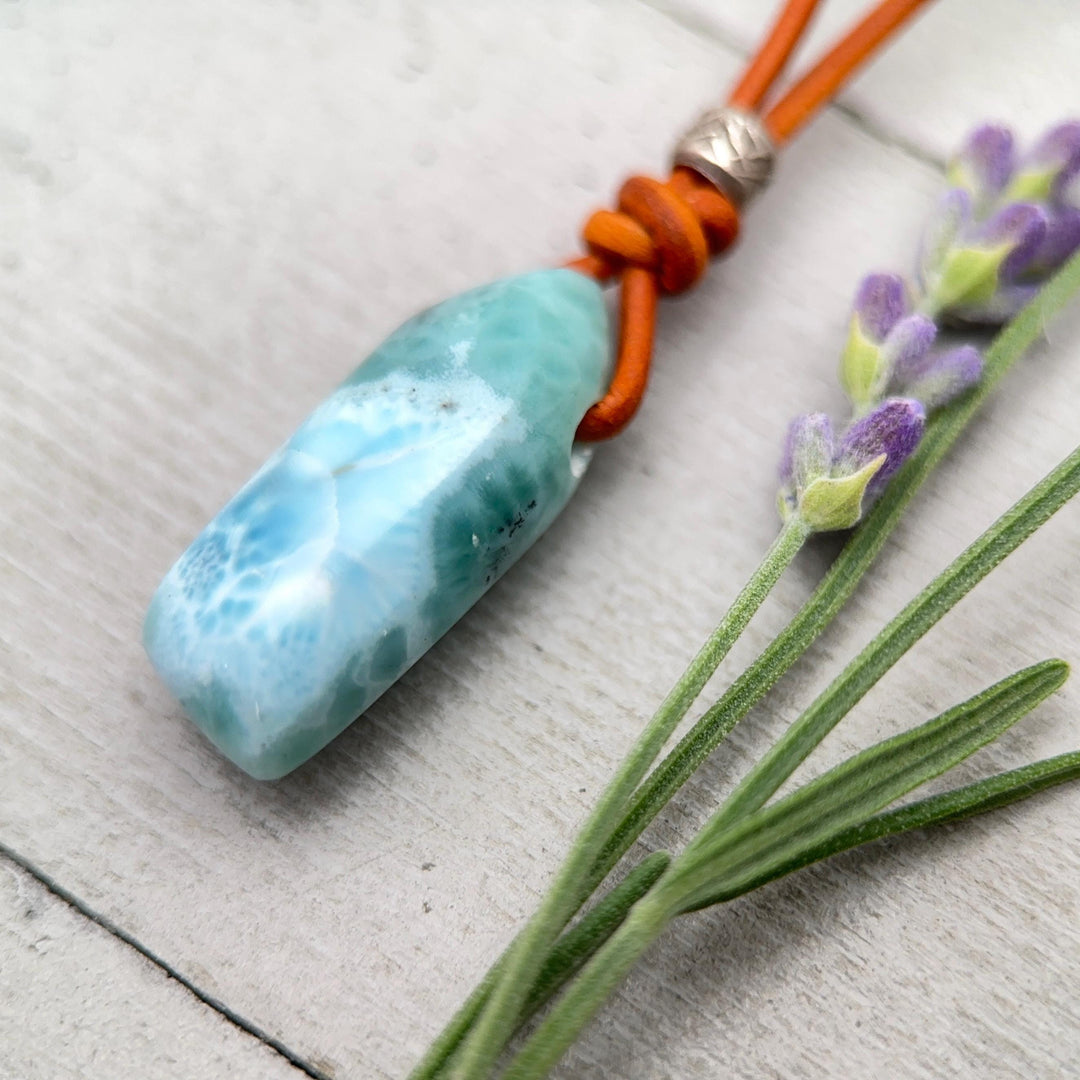 Larimar Crystal Pendant Necklace | Sterling Silver, White Freshwater Pearls, and Light Brown Leather Necklace - SunlightSilver